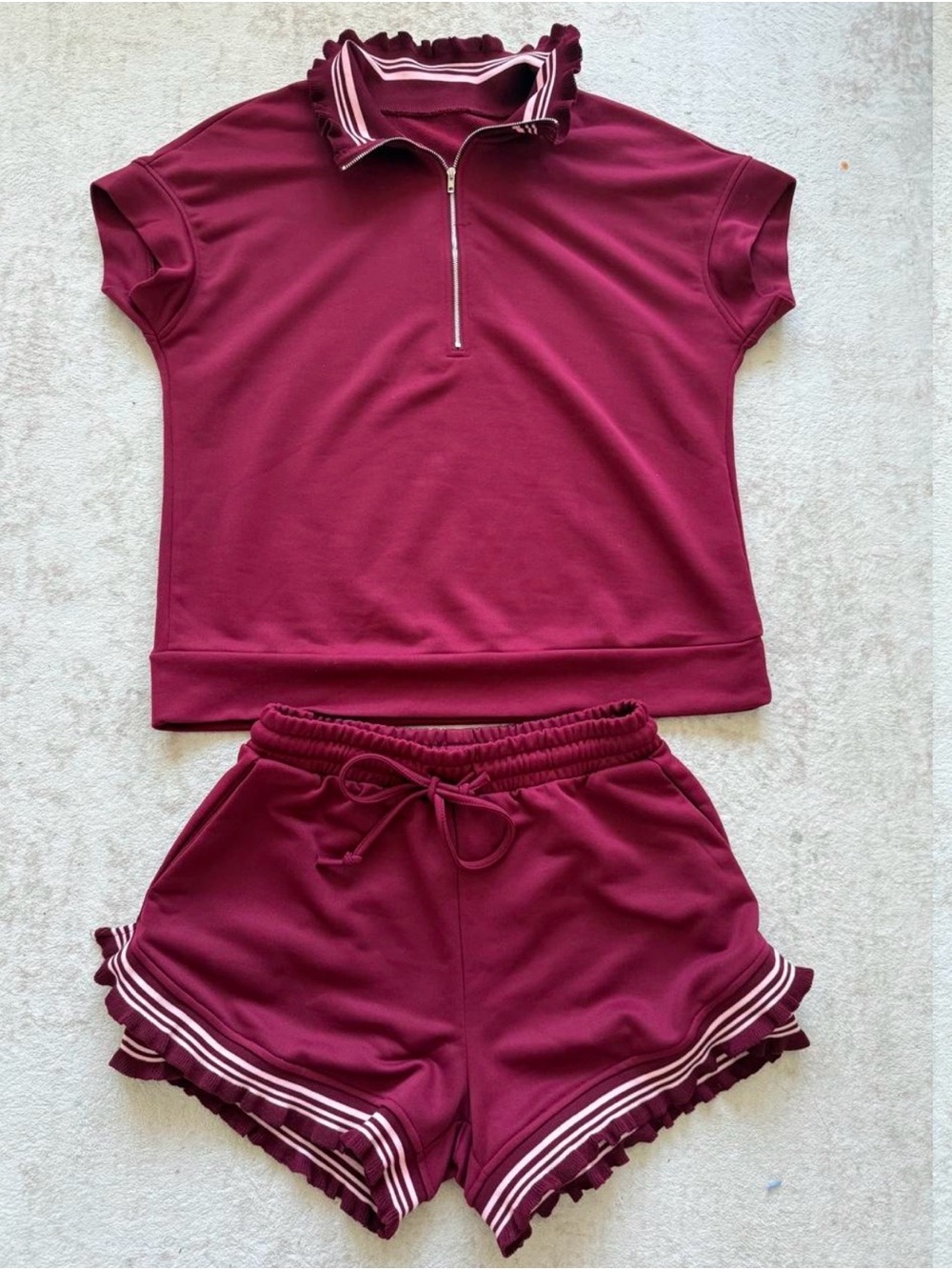 Burgundy Shorts Set with Ruffle Trim
